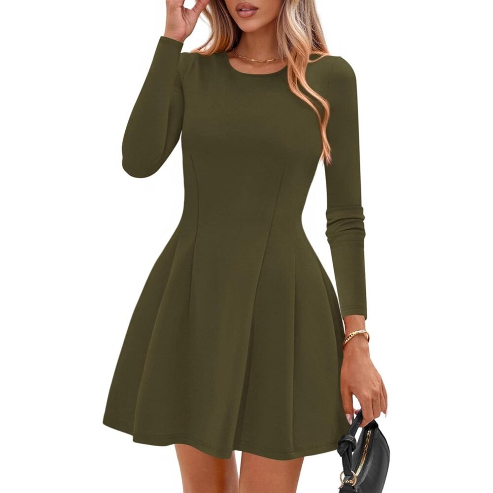 Long Sleeve Army Green Mini Dress Women Fall 2025 Crewneck Line Babydoll Casual